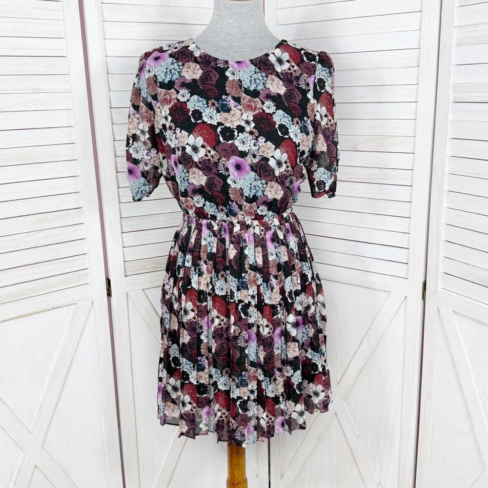 Pins & Needles UO Floral Pleat Skirt Open Back Dress Black Multi Small